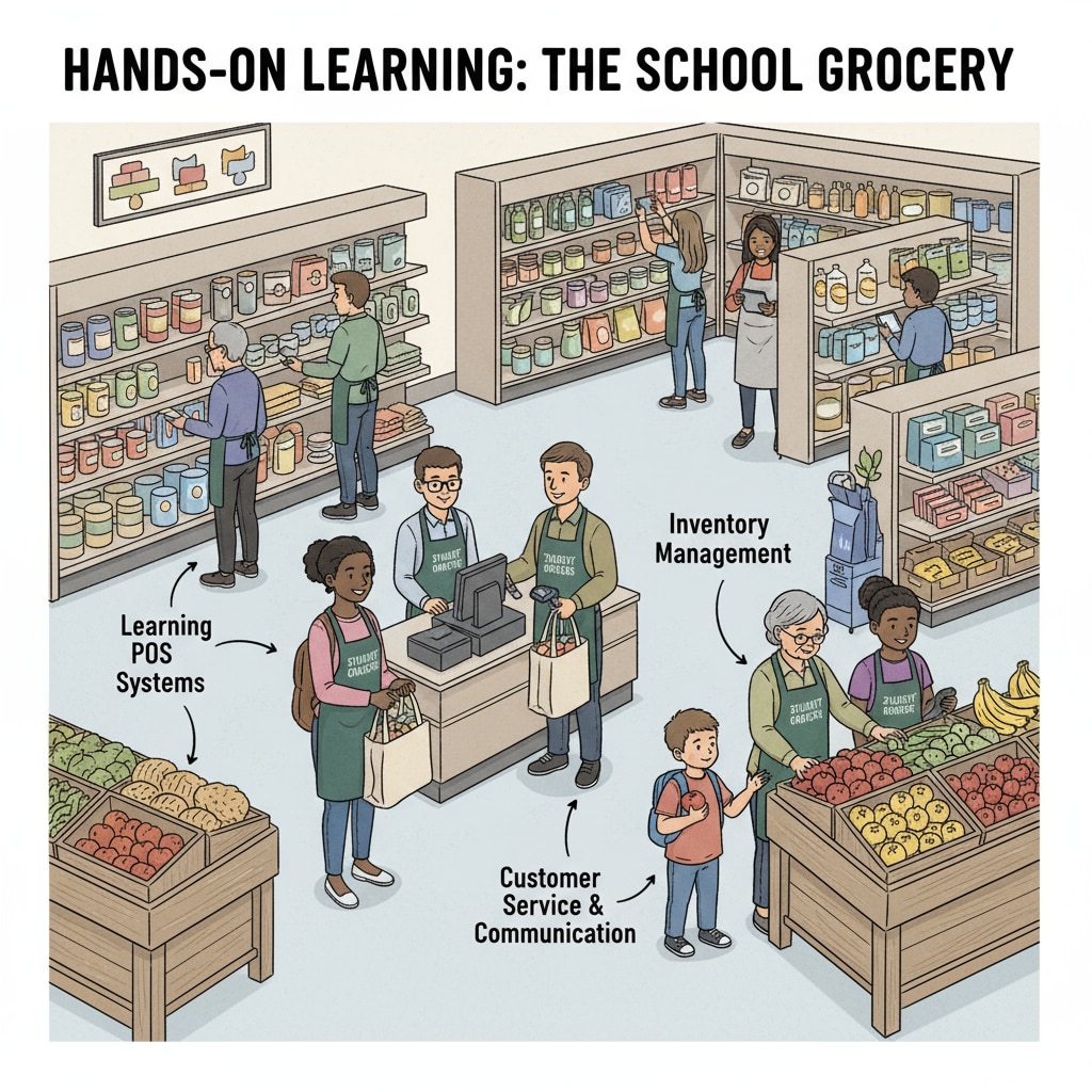 Students working at the in-school grocery store, scanning items and interacting with customers Students engaged in tasks at Huffman Middle School's in-school grocery store in Birmingham