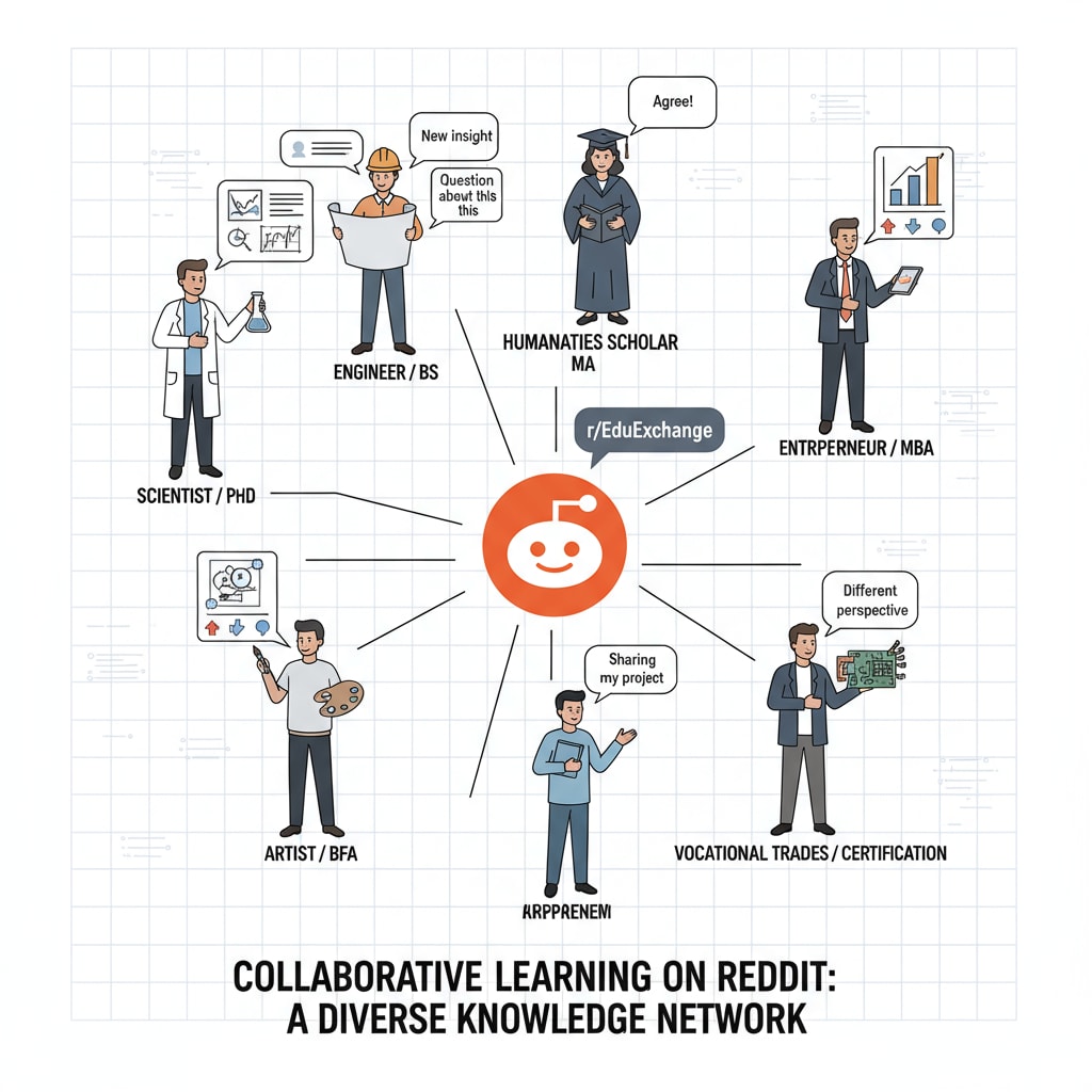 An illustration showing people from different educational backgrounds interacting on the Reddit platform People from different educational backgrounds interacting on Reddit related to community rules, educational subreddits, and posting guidelines