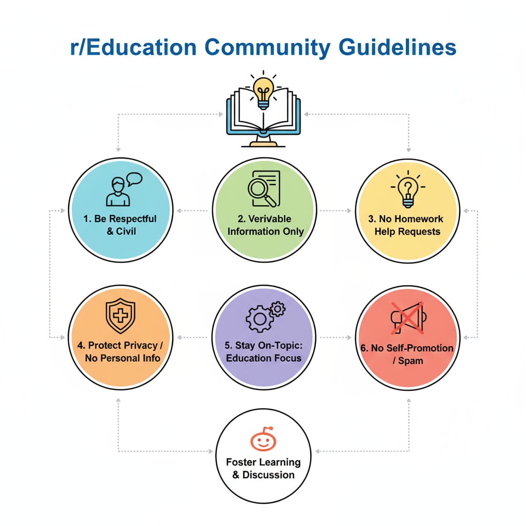 A graphic highlighting the key rules of the Reddit education community Graphic highlighting rules for Reddit education community relevant to community rules, educational subreddits, and posting guidelines