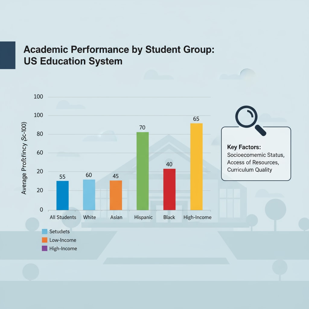 A graph depicting the varying academic performance of different student groups in the US education system Graph showing differences in academic performance among various student groups in the US education system affected by cultural biases