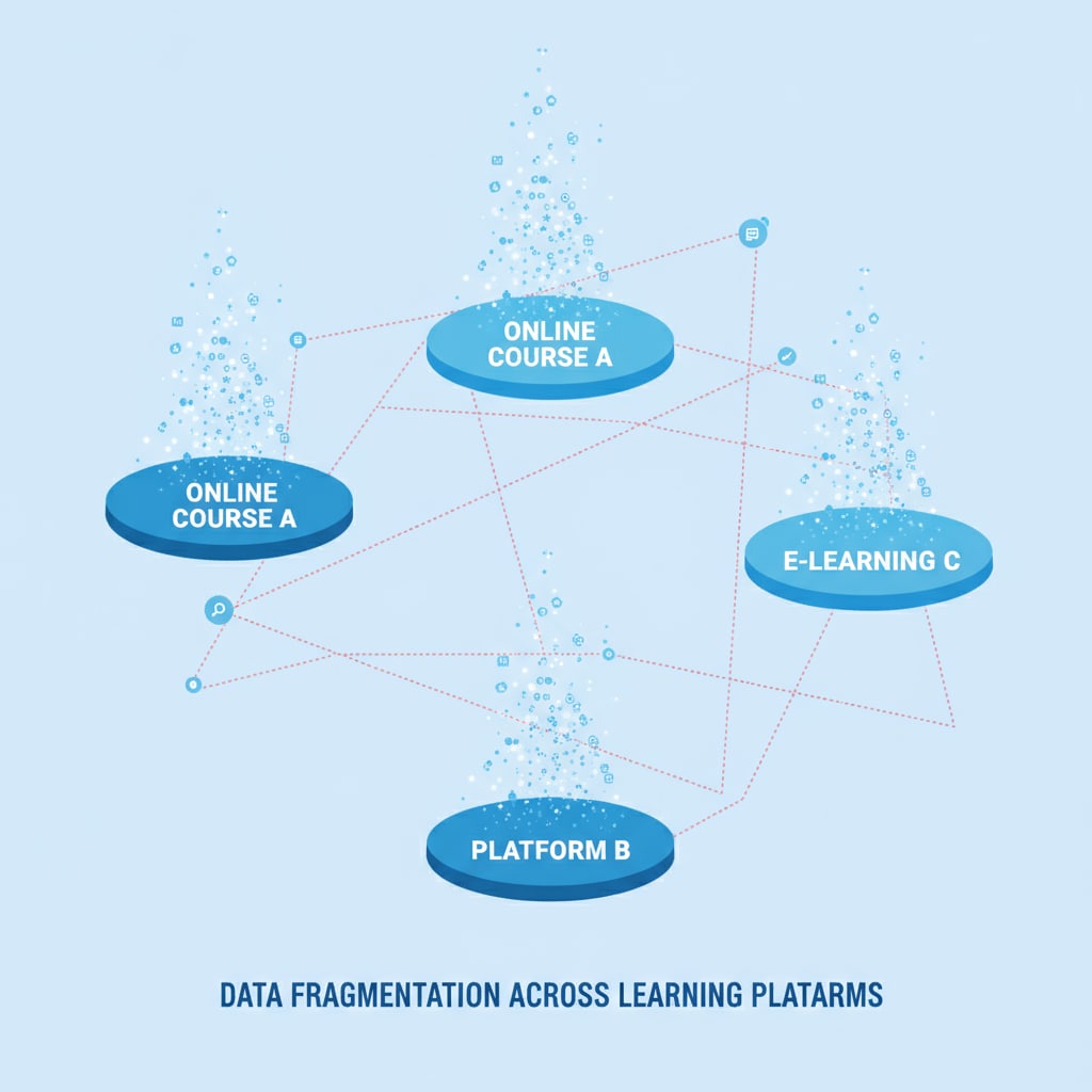 An illustration shows multiple learning platforms with scattered data dots, representing data fragmentation. Illustration of data fragmentation in multiple learning platforms for AI learning platform, data integration, teacher assistance