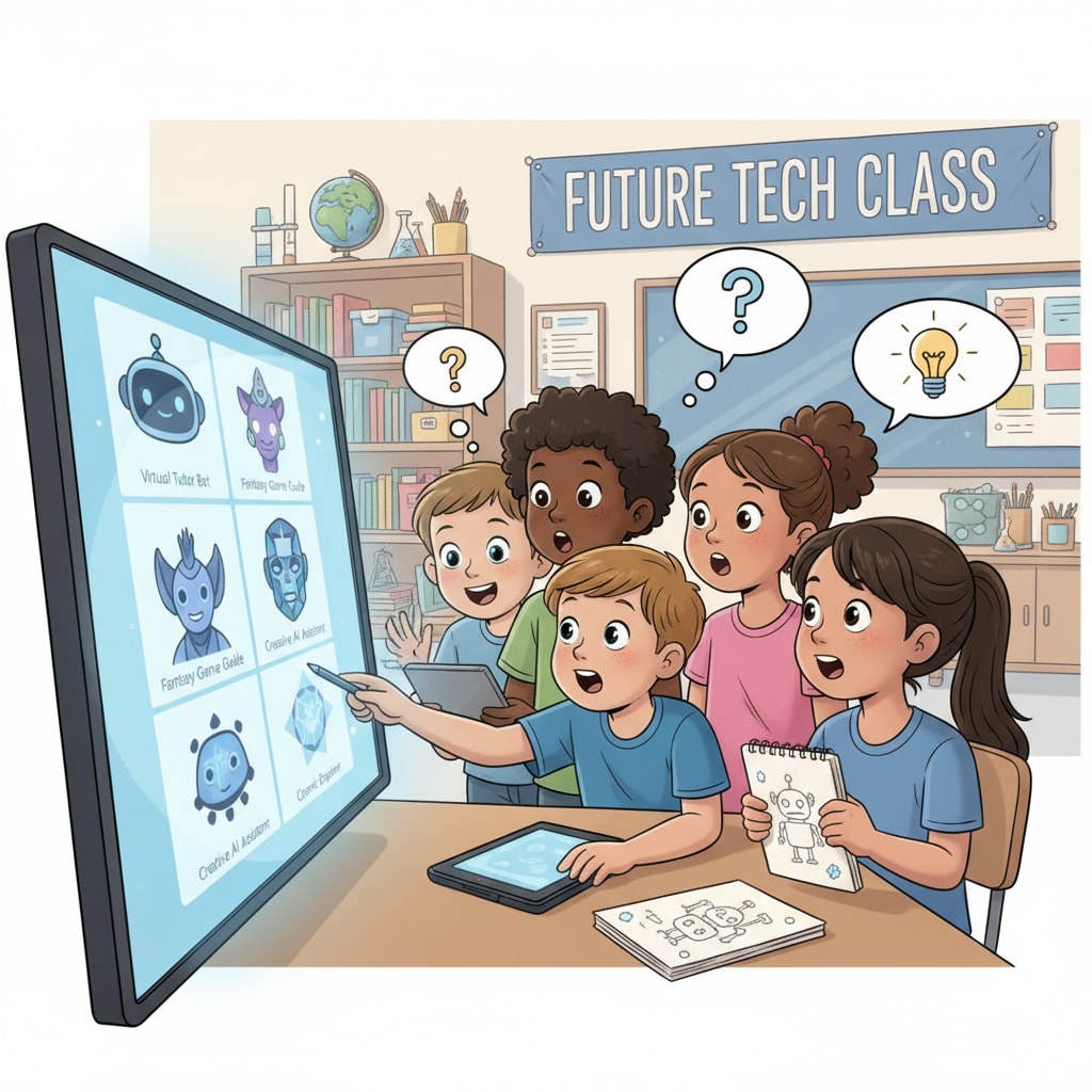 Children looking at a screen with AI avatar examples, showing their curiosity about AI technology Children's curiosity about AI avatars in the context of technology education and safety