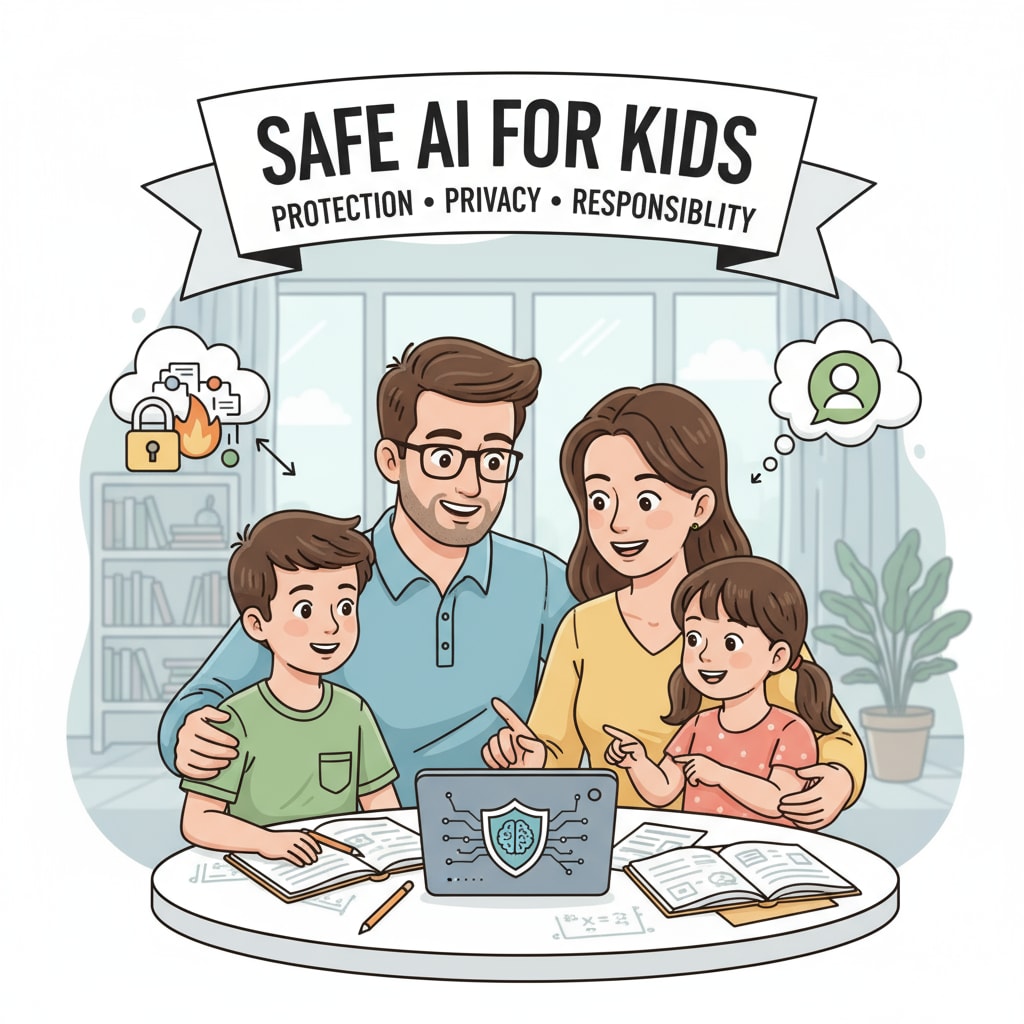 Parents and children discussing about safe use of AI technology, emphasizing the importance of child safety Parents and children discussing AI safety, related to child safety in technology education with AI avatars