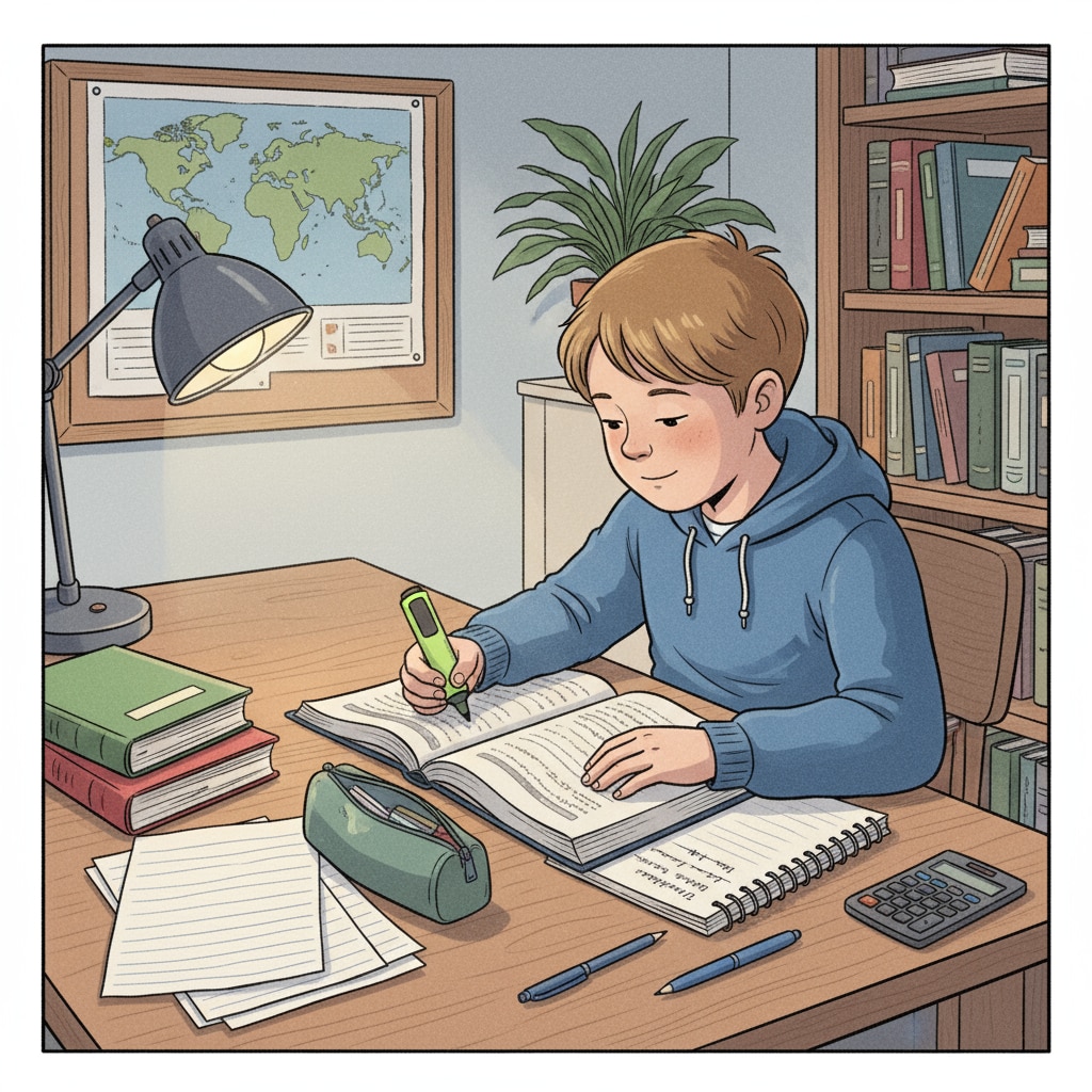 A K12 student studying independently at a desk, with books and notebooks neatly arranged, showing focus. K12 student in self-directed learning related to lecture attendance, concentration, and time management