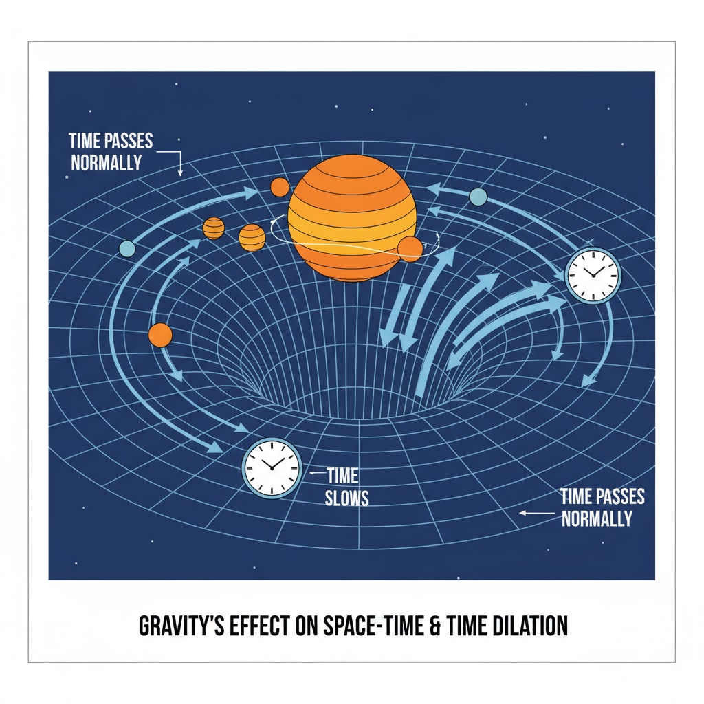 A simple diagram with arrows showing how gravity bends the fabric of space-time, representing the concept of gravity affecting time. A diagram demonstrating the influence of gravity on time according to the theory of relativity.