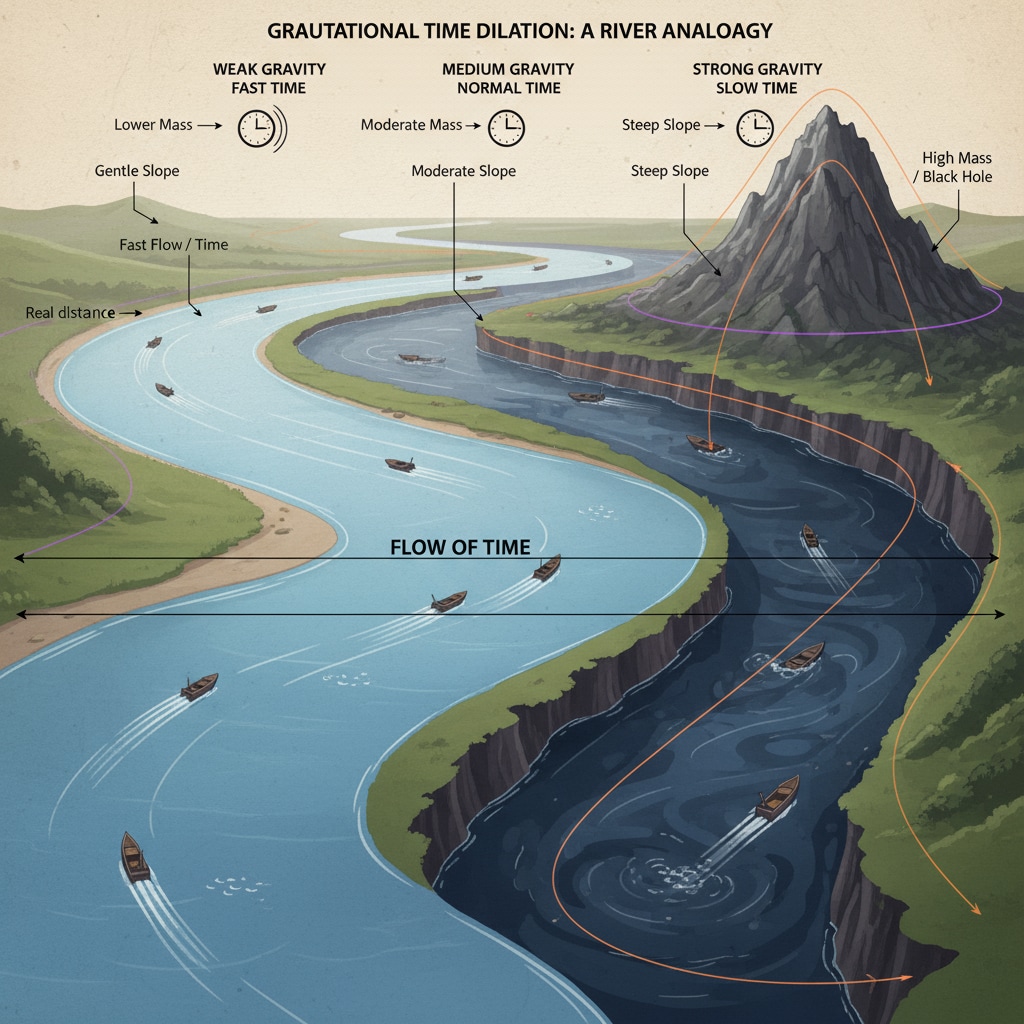 A picture of a river with different flow speeds in different sections, symbolizing time dilation in different gravitational fields. A visual representation of time dilation using a river analogy.
