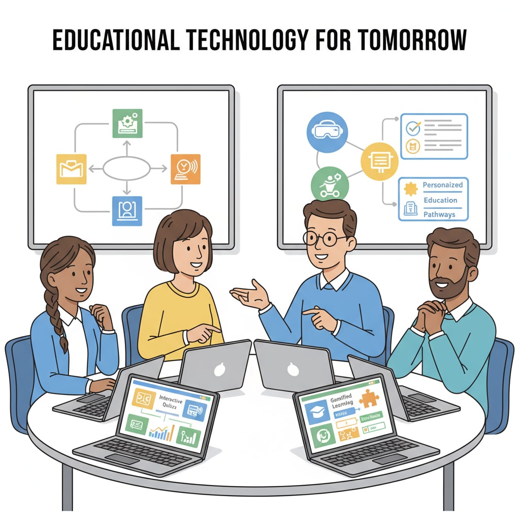 A group of teachers is engaged in a discussion about various new educational technology tools, with laptops and tablets showing different software interfaces. Teachers discussing educational technology tools they discovered through various information channels for potential adoption.