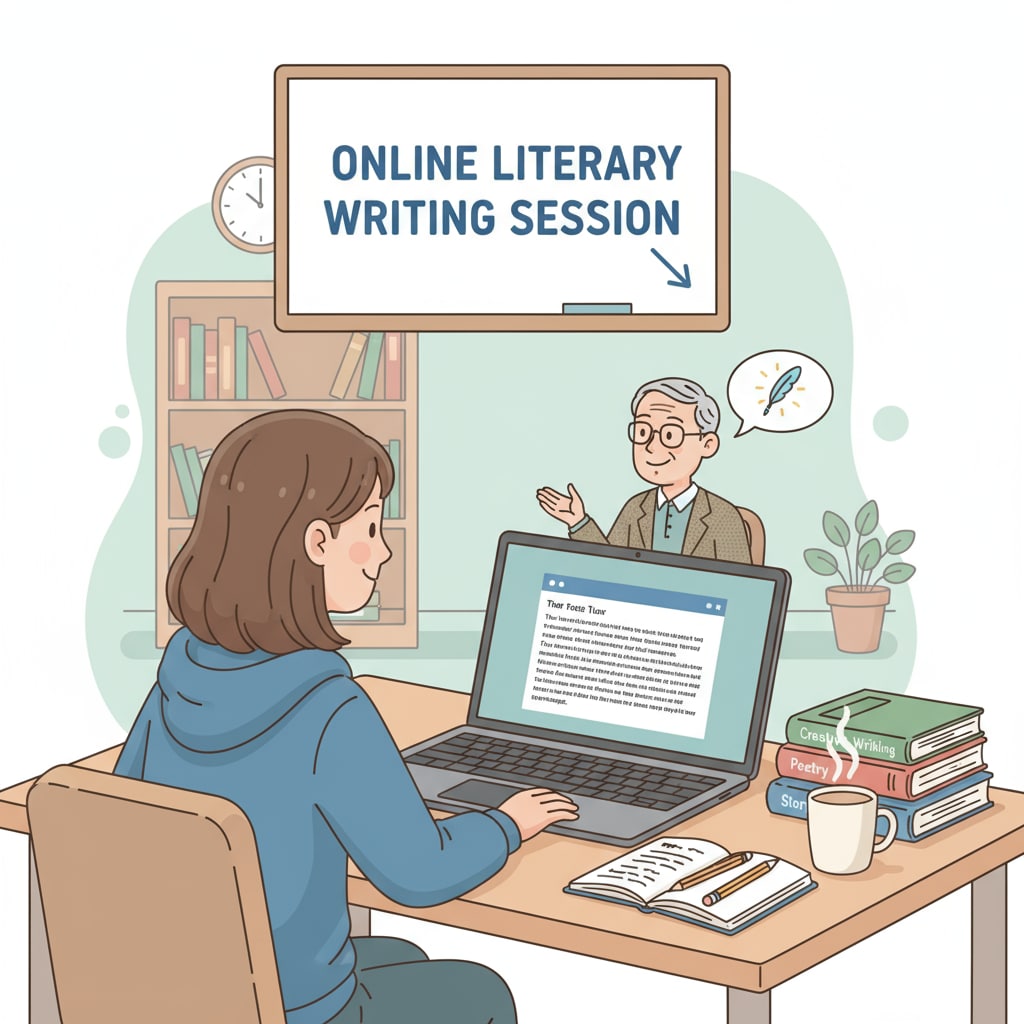 An illustration of a student sitting at a desk, interacting with a tutor on a laptop screen during an online literary writing session. Online literary writing tutoring session for a K12 student