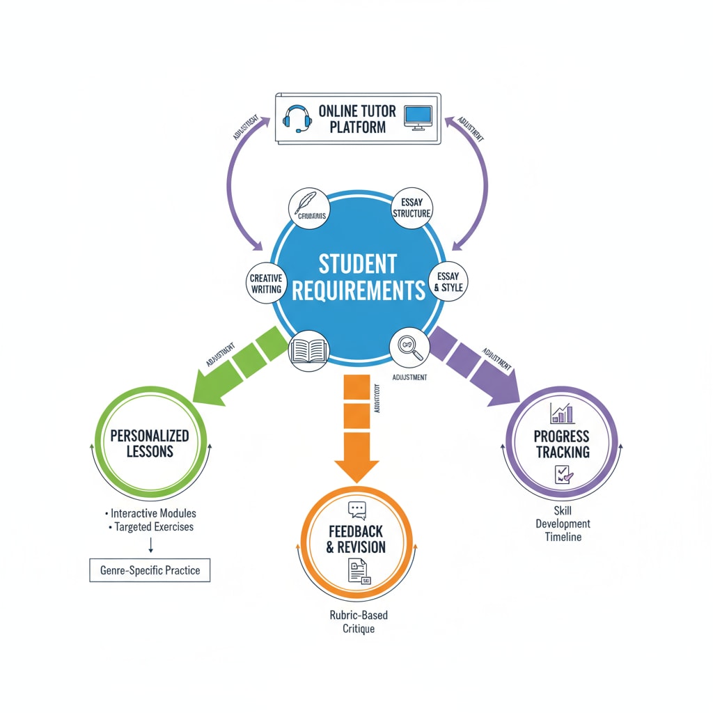 A visual representation of different elements like arrows and circles showing how online tutoring adapts to individual student requirements in literary writing. How online tutoring caters to individual needs in literary writing for K12 students