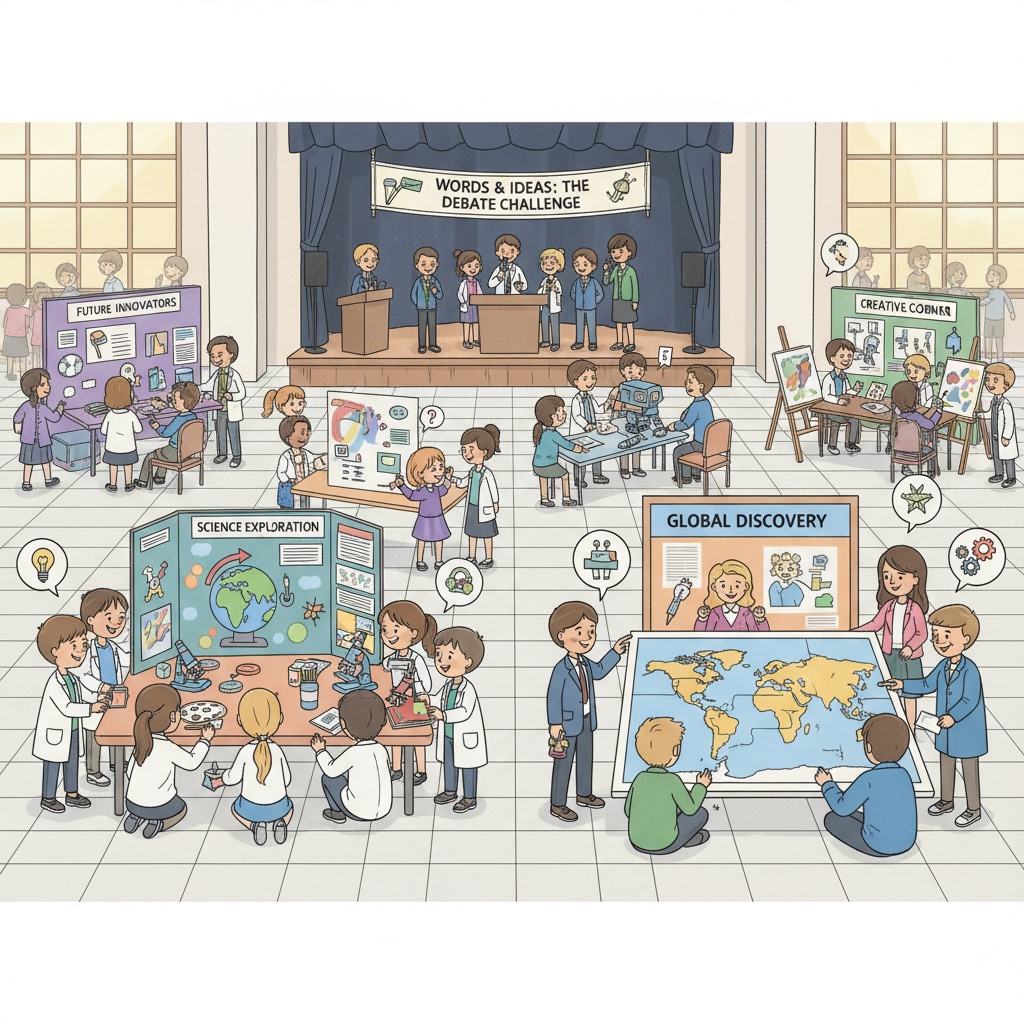 A group of students actively participating in a well-planned K12 school event, with various educational displays and activities. Students participating in a K12 event related to event planning, professional qualifications, and educational choices