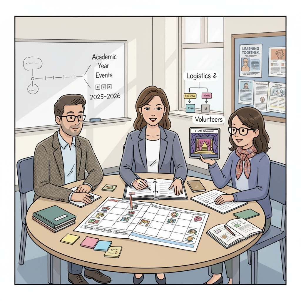 A K12 event planner having a detailed discussion with teachers, looking at event schedules and designs. K12 event planner discussing with teachers in relation to event planning career aspects