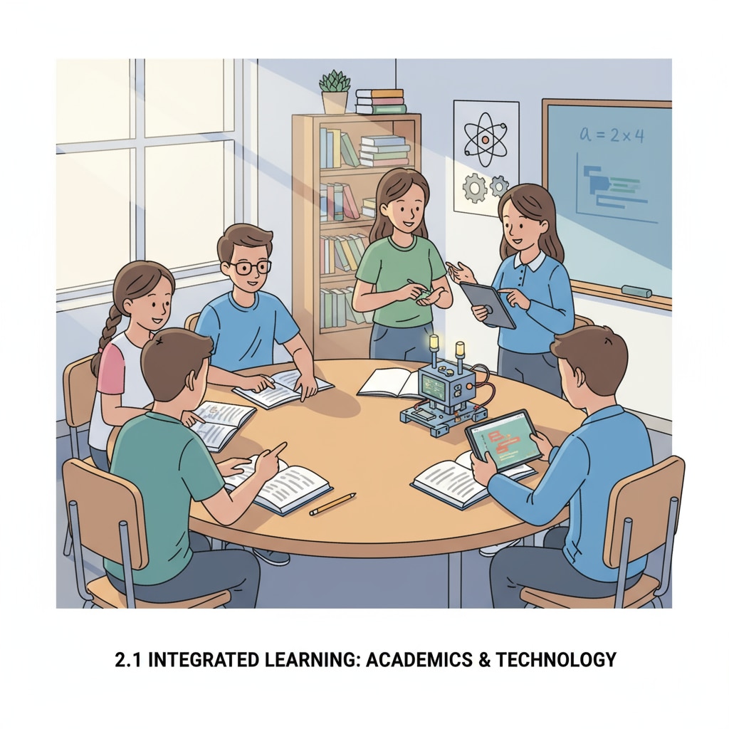A group of K12 students are gathered around a table, some are reading books while others are demonstrating a small tech project they made, showing both academic focus and practical tech skills. K12 students demonstrating academic and technical skills during scholarship preparation