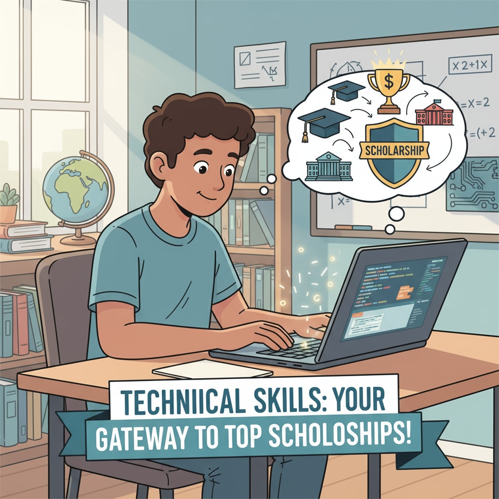 A single K12 student is sitting at a desk, concentrating on coding a program on the laptop, highlighting the importance of technical skills in scholarship applications. K12 student focusing on technical skills for scholarship