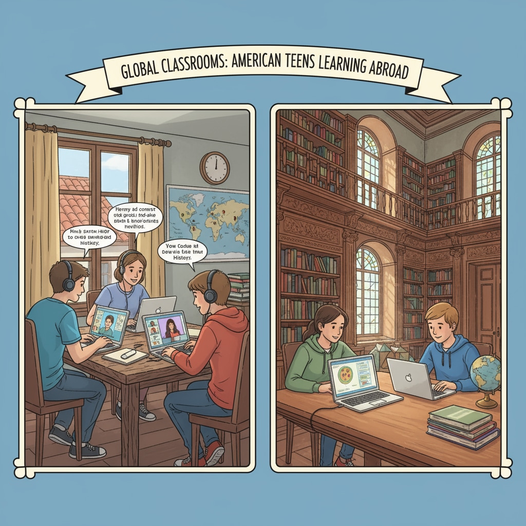 American teenagers studying online in various overseas locations for high school credits