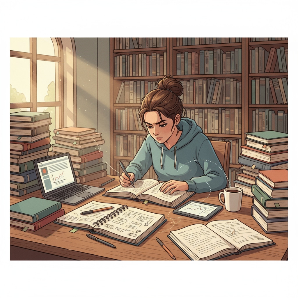 A high school student studying in a library related to academic rigor, college applications, and external exams