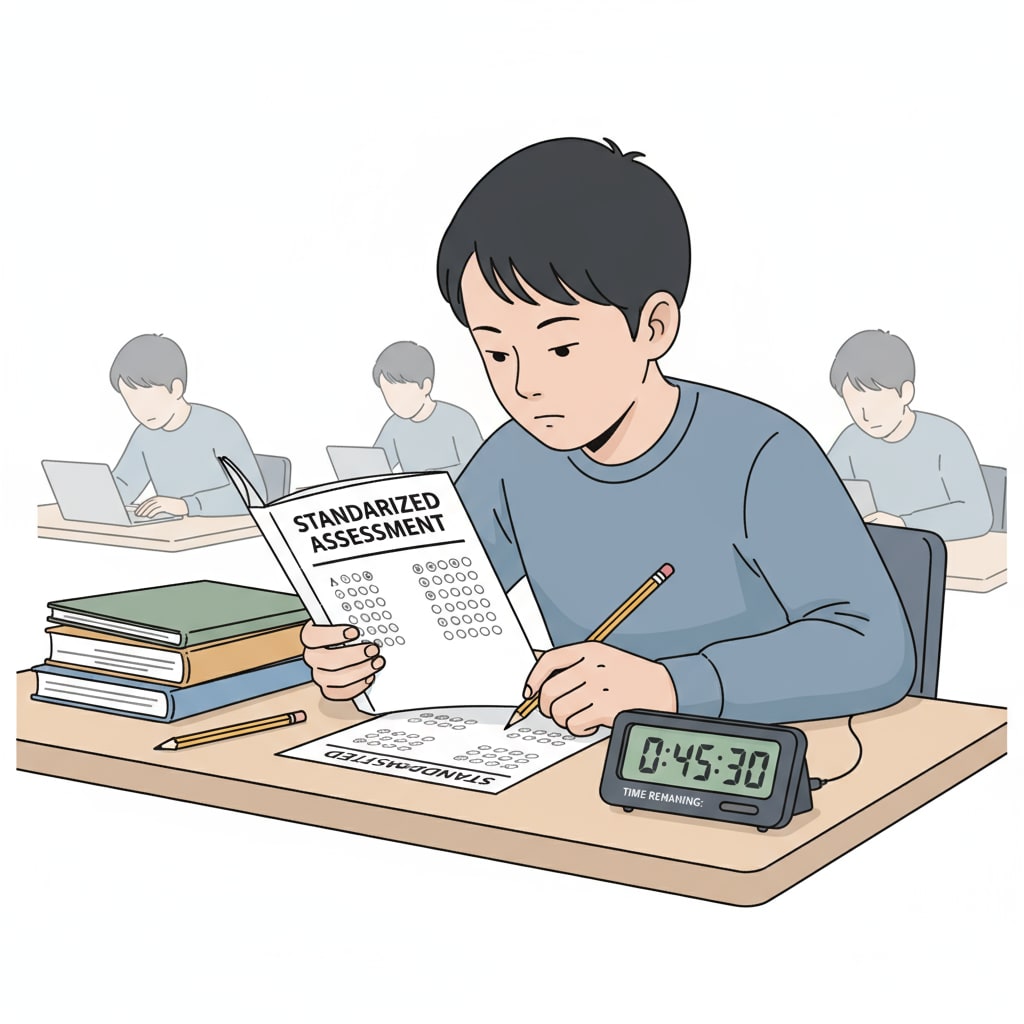 A student taking a standardized test relevant to academic rigor, college applications, and external exams