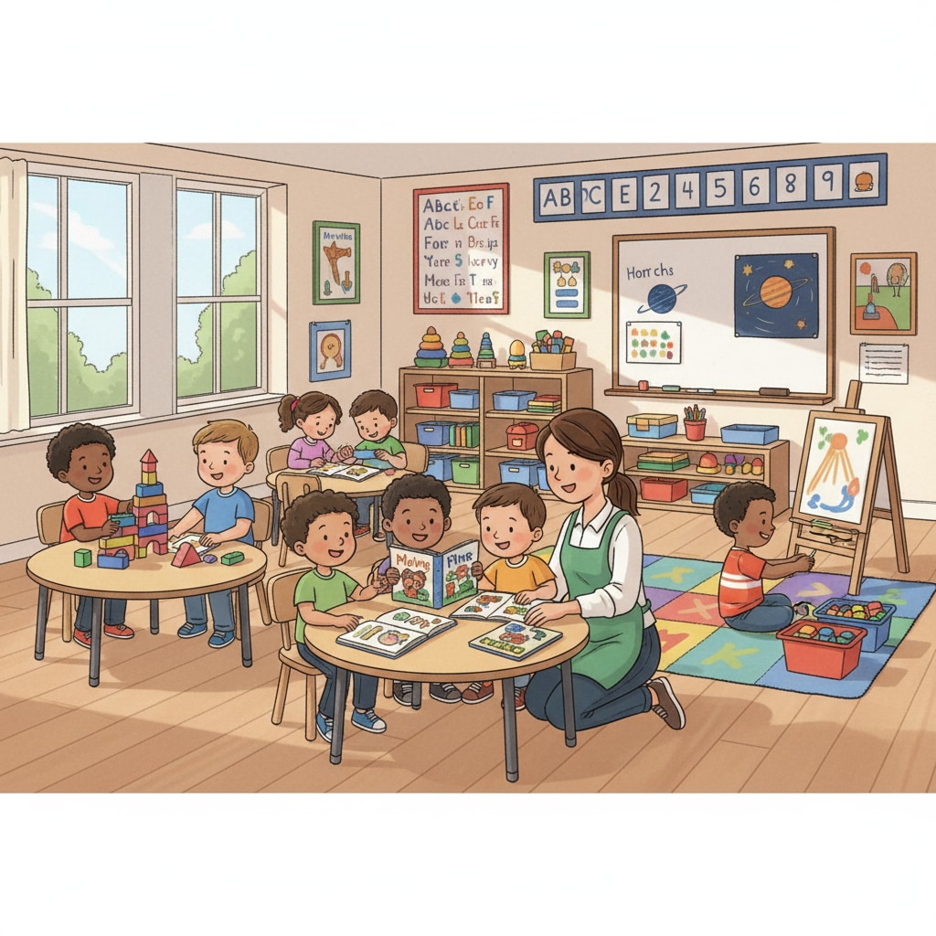 A group of young children in a private preschool classroom, engaged in various learning activities Young children in a private preschool, representing early entry into private education