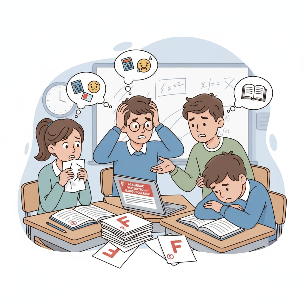 A group of students sitting at desks looking worried about their grades. This shows the concern students have when facing academic difficulties that could potentially lead to expulsion. Students worried about grades related to academic expulsion, student failure, and college impact