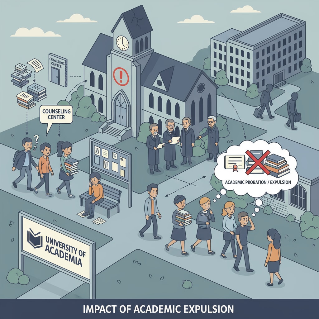 A college campus with students walking around, but there is a sense of concern due to academic expulsion issues. It depicts the impact of academic expulsion on the overall college environment. College campus affected by academic expulsion, student failure, and college impact