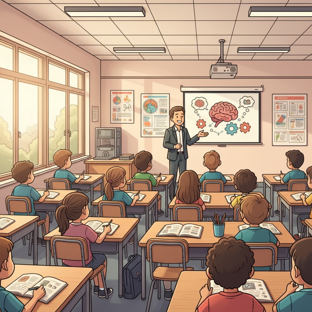 A classroom scene shows students sitting at their desks, textbooks open, listening attentively to the teacher. This represents the traditional school education environment where learning often takes place. Classroom scene in school education related to practicality and grading system