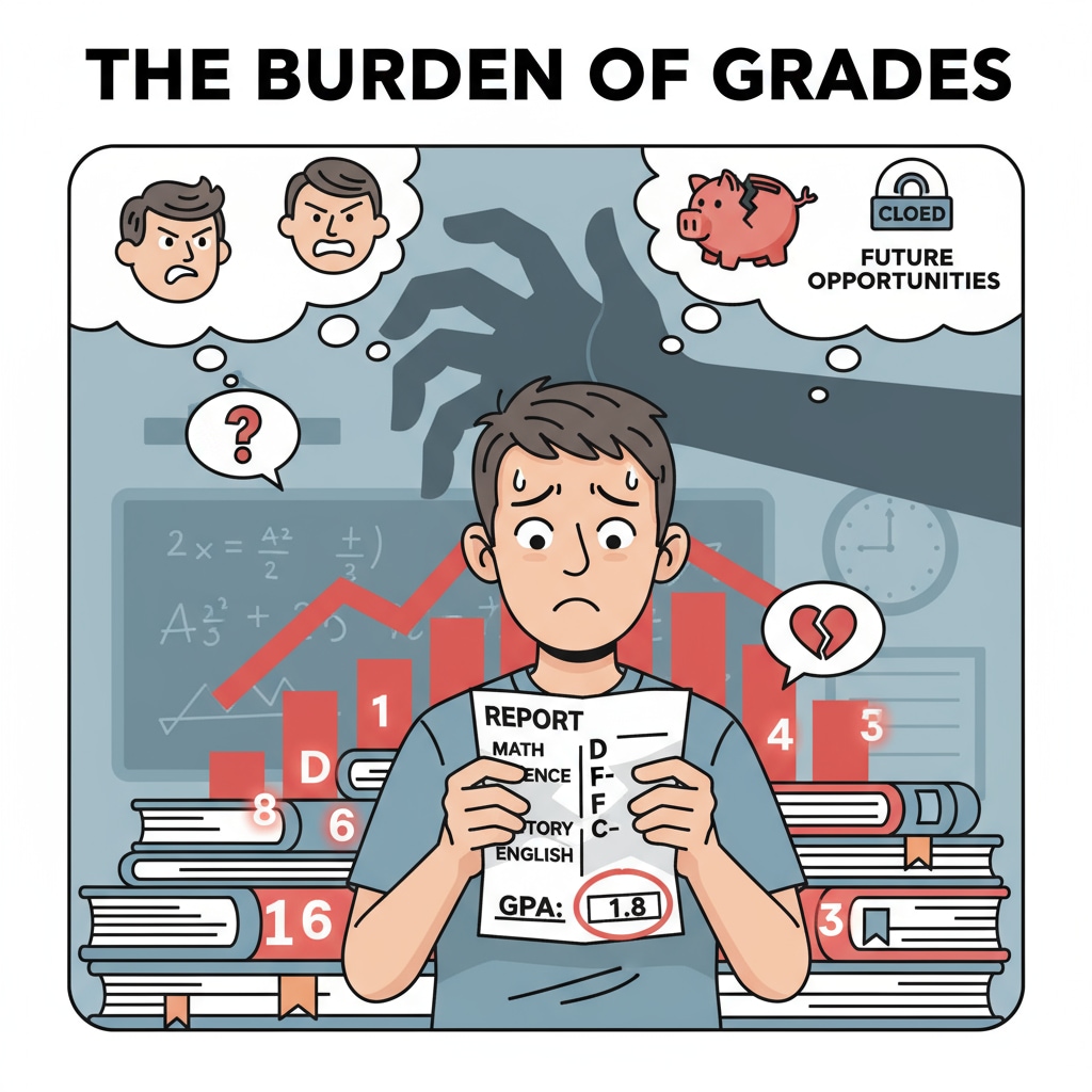 A student is shown looking worried while holding a report card with grades. This depicts the stress students face due to the overemphasis on grades in the current education system. Student stressed about grades in school education, related to practicality and grading system