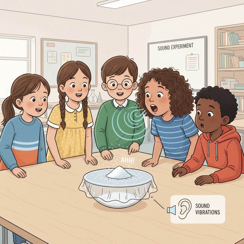 A group of young children are gathered around a table looking at a setup where a bowl covered with plastic wrap has salt on it, and one child is making a loud sound near it to make the salt Young children conducting the dancing salt experiment as part of a science fair, demonstrating children's experiments using the scientific method.