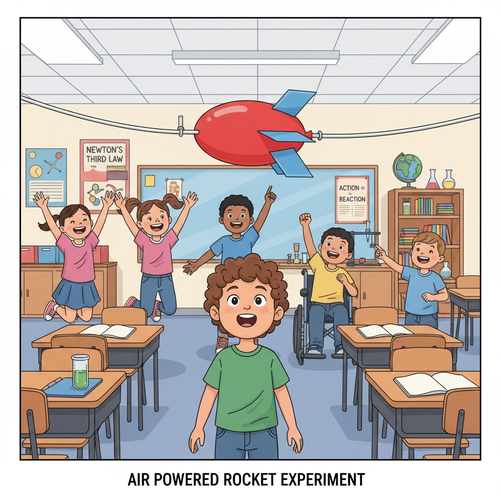 A child is watching a balloon rocket move along a string tied across a room. There are other children around showing excitement. A child observing a balloon rocket experiment, which is a part of science fair projects using the scientific method for children's experiments.