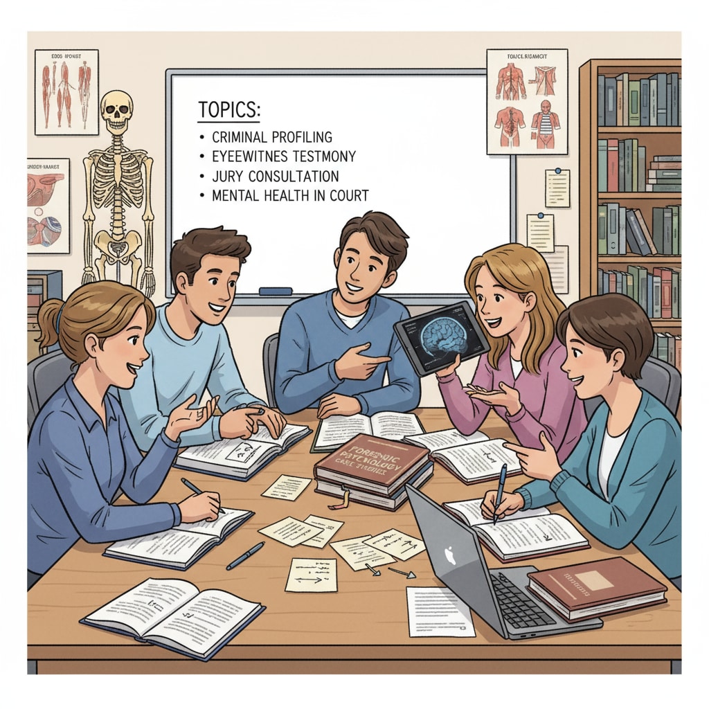 A group of students are engaged in a lively discussion about forensic psychology topics in a classroom setting, with books and notes spread out on the desks. High school students discussing forensic psychology in a classroom related to college majors and career planning