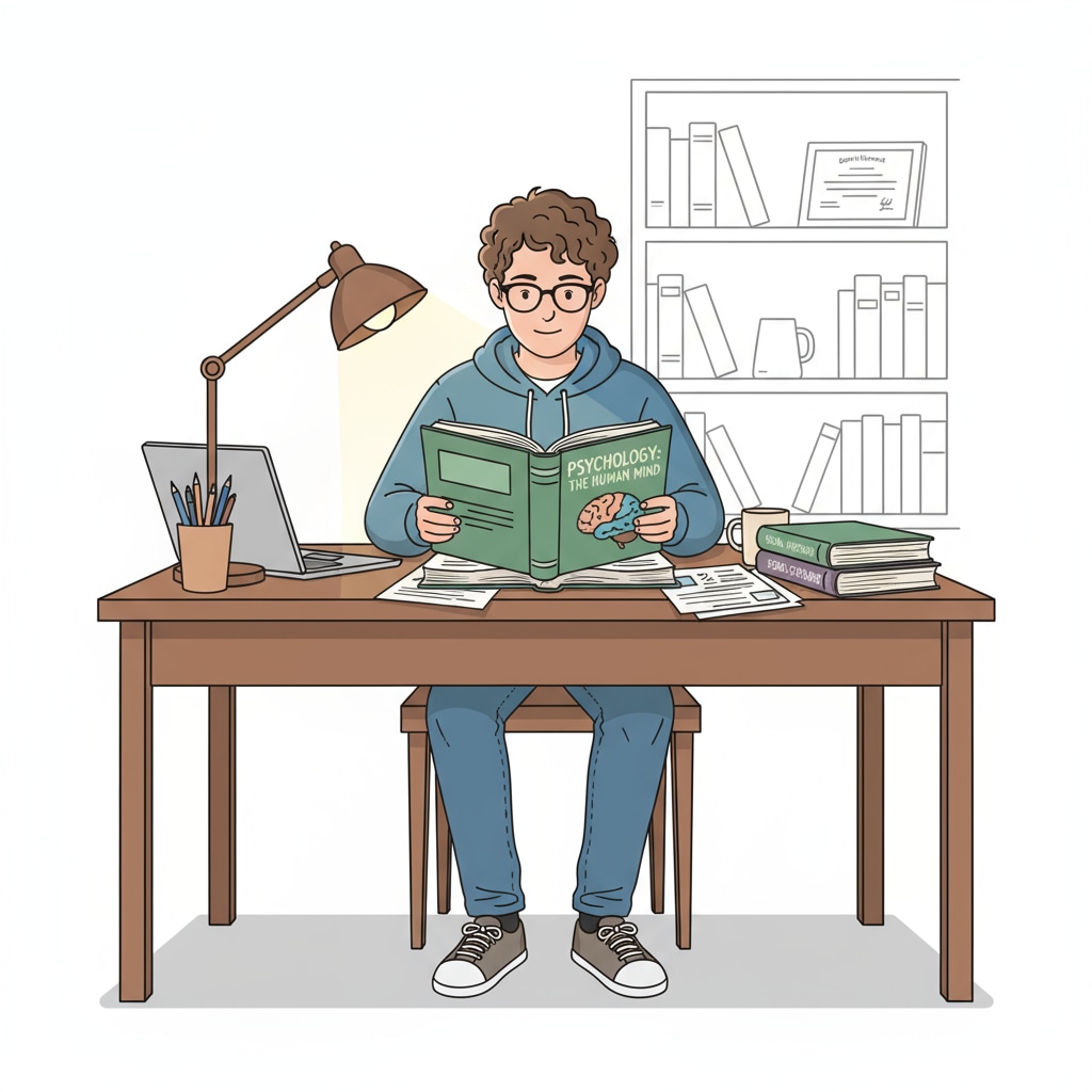 A high school student is sitting at a desk, deeply focused on studying psychology textbooks, with a lamp illuminating the pages. High school student studying psychology textbooks as part of preparation for forensic psychology college majors and career planning