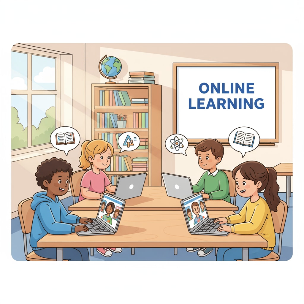 A group of teenagers are sitting in front of their laptops, with engaged expressions, participating in online classes. Teens with chronic diseases engaged in distance education to avoid school year repeats