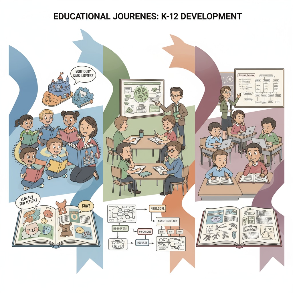 A classroom scene in K12 education with students of various ages, representing different stages of educational development which influence character expression. K12 classroom scene related to character authenticity in novel writing considering educational background