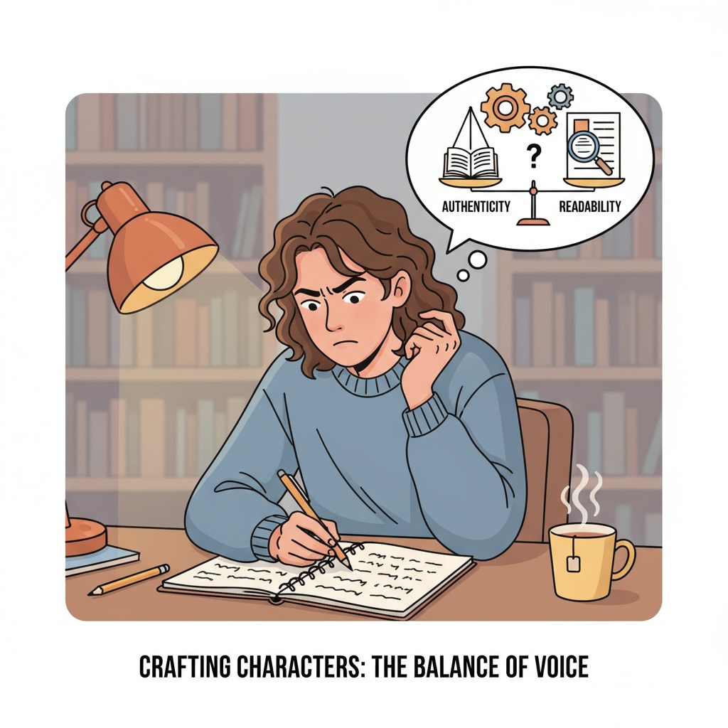 A writer concentrating on a notepad, thinking about how to balance authenticity and readability while creating a character with limited education. Writer brainstorming for character with limited education in novel writing for authenticity and readability