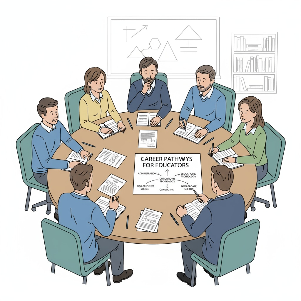 A group of K12 teachers sitting around a table, discussing different career transition options, with papers and pens in front of them. K12 teachers exploring career transition options related to ABA therapy and educational qualifications