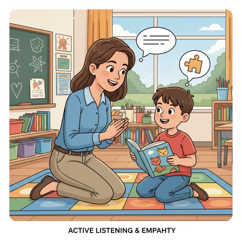 A teacher is kneeling down, looking at a student eye to eye, having a friendly conversation, demonstrating good communication skills. A teacher showcasing communication skills, an important aspect for those considering a transition to ABA therapy with educational qualifications