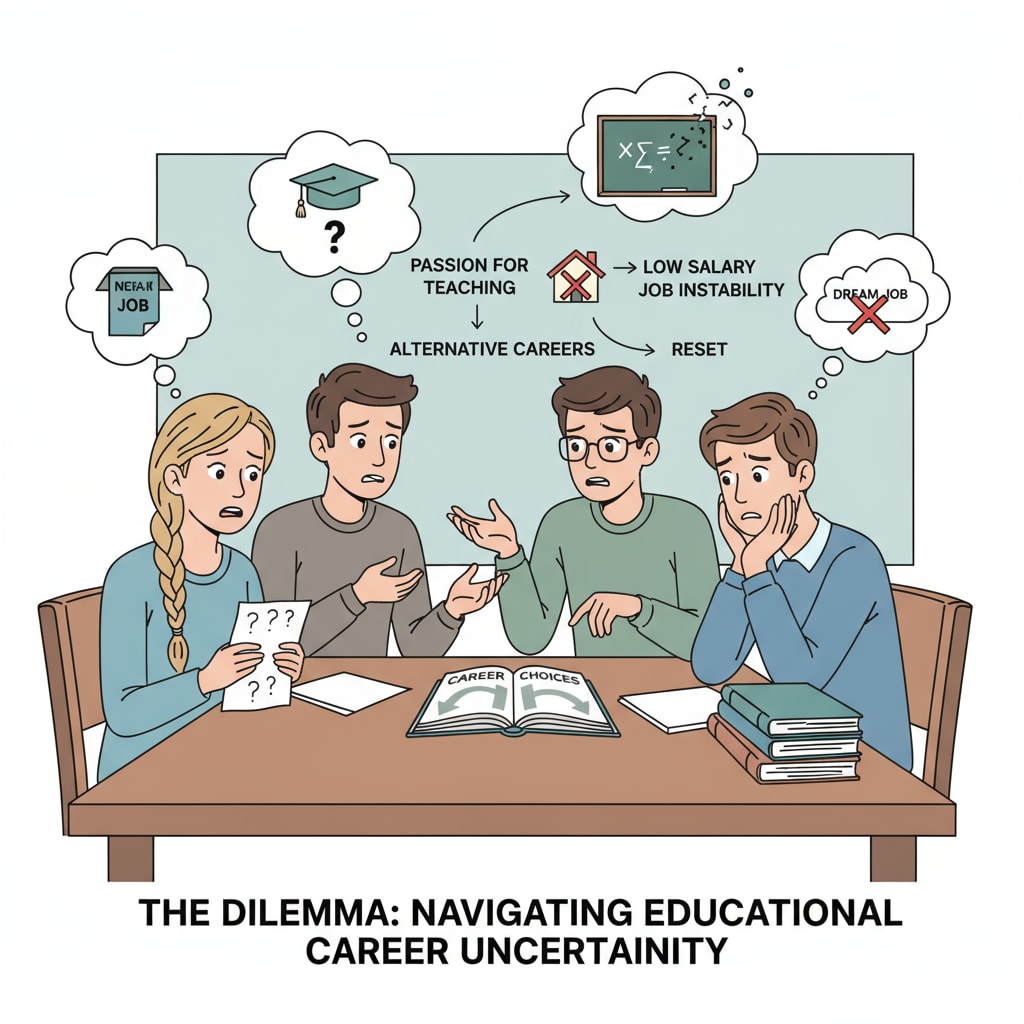A group of young people sitting around a table, discussing their career paths with worried expressions. This represents the common state of those facing career uncertainties, especially in the education field where they are torn between dreams and realities. Young people discussing career paths with employment concerns and thoughts about their dream jobs in education.
