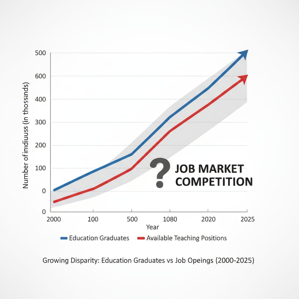 A graph showing the increasing number of education graduates and the limited job openings. This visually represents the competitive job market in the education industry, which is a major source of employment concerns for aspiring teachers. Graph depicting the competition in the education job market related to career planning and dream jobs.