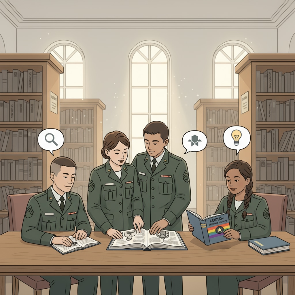 A group of students in a military school library looking at various books, including some related to LGBTQ+ topics Students in military school library exploring LGBTQ+ books