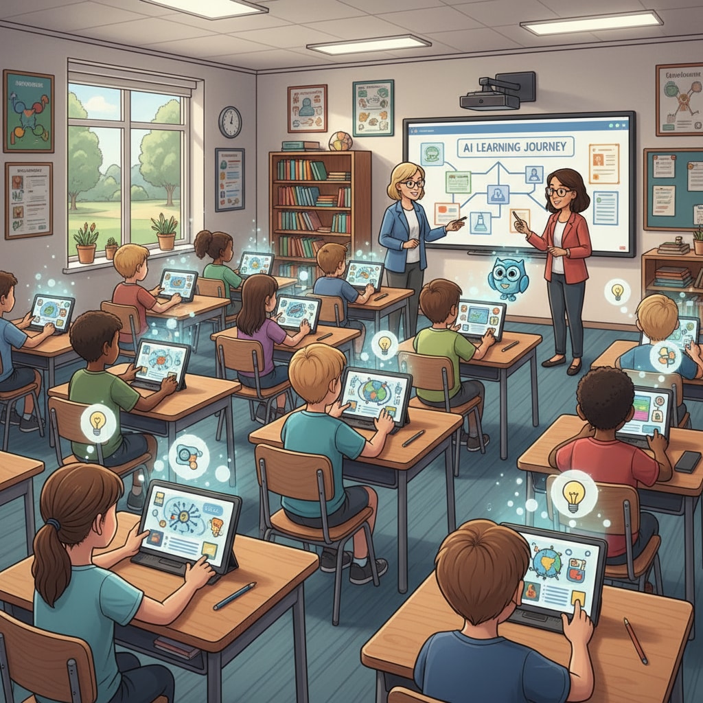 Students are using tablets with educational software that incorporates artificial intelligence in a classroom setting, engaged in learning activities. Students using AI-based learning tools in a classroom