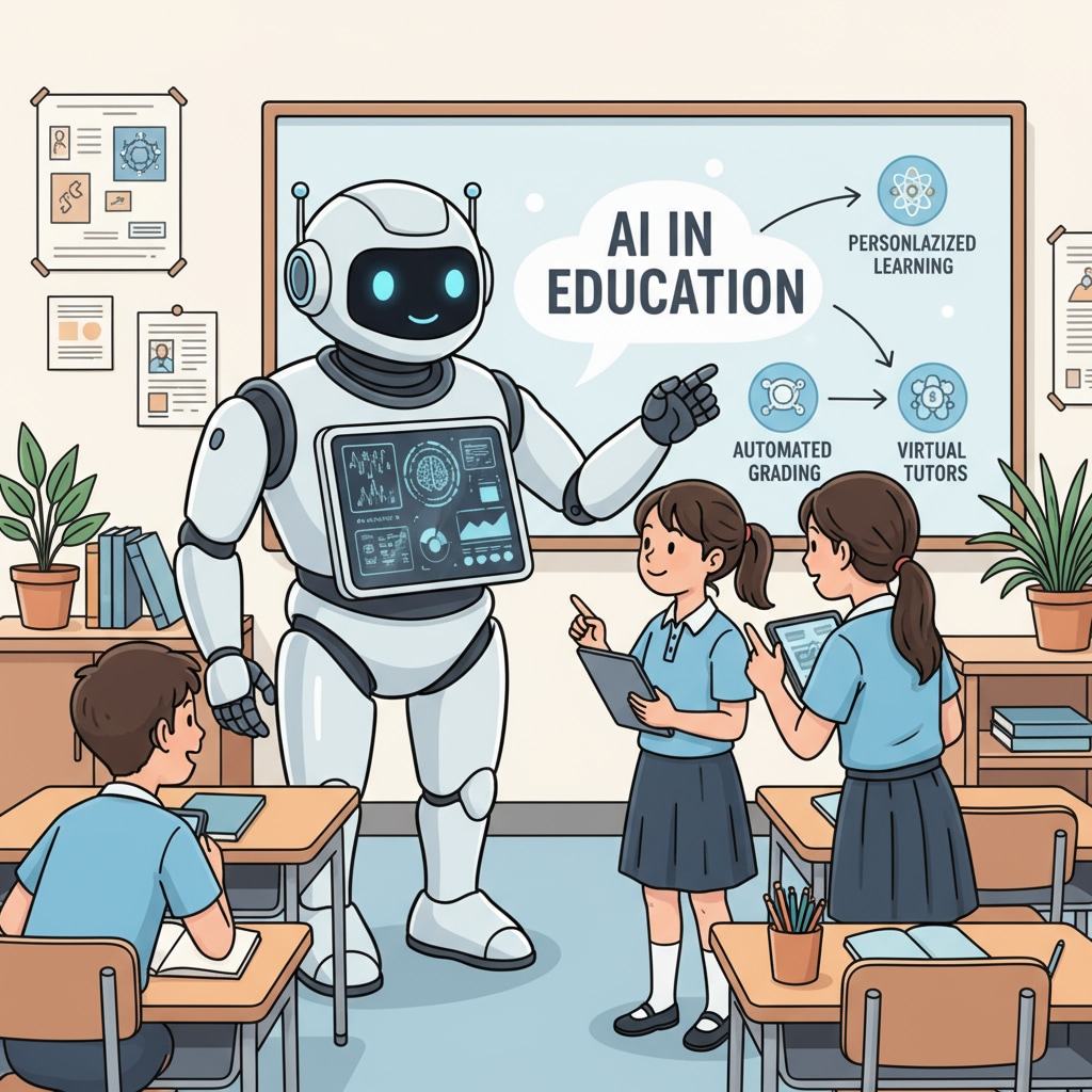 An educational robot powered by artificial intelligence is interacting with students, demonstrating how AI can be used in an educational context. An AI educational robot interacting with students