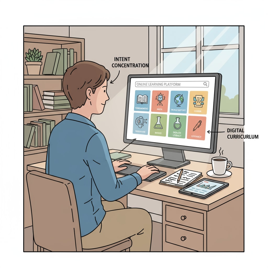 An adult is sitting at a desk, intently looking at a computer screen with various online learning courses related to basic education displayed. An adult using online learning resources for basic education with ADHD considerations