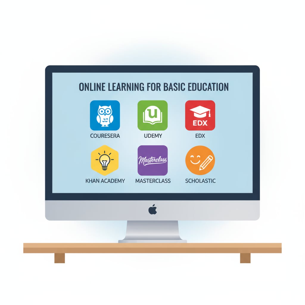 A computer screen shows different popular online learning platforms that offer courses for basic education. Computer screen displaying online learning platforms for adult basic education with ADHD-friendly features