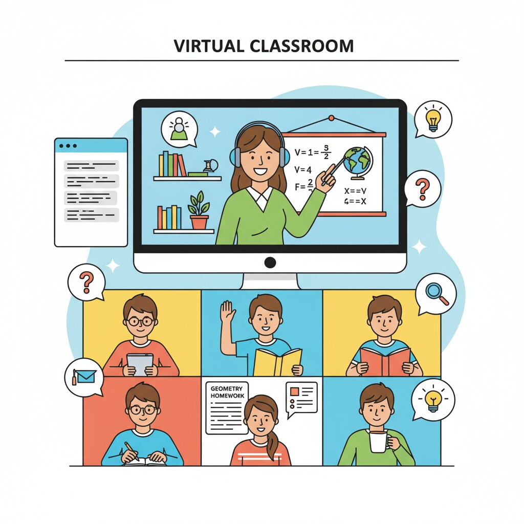 A virtual classroom scene where students are engaged in online high school learning. Online high school students in a virtual classroom setting related to credit requirements and high school diploma