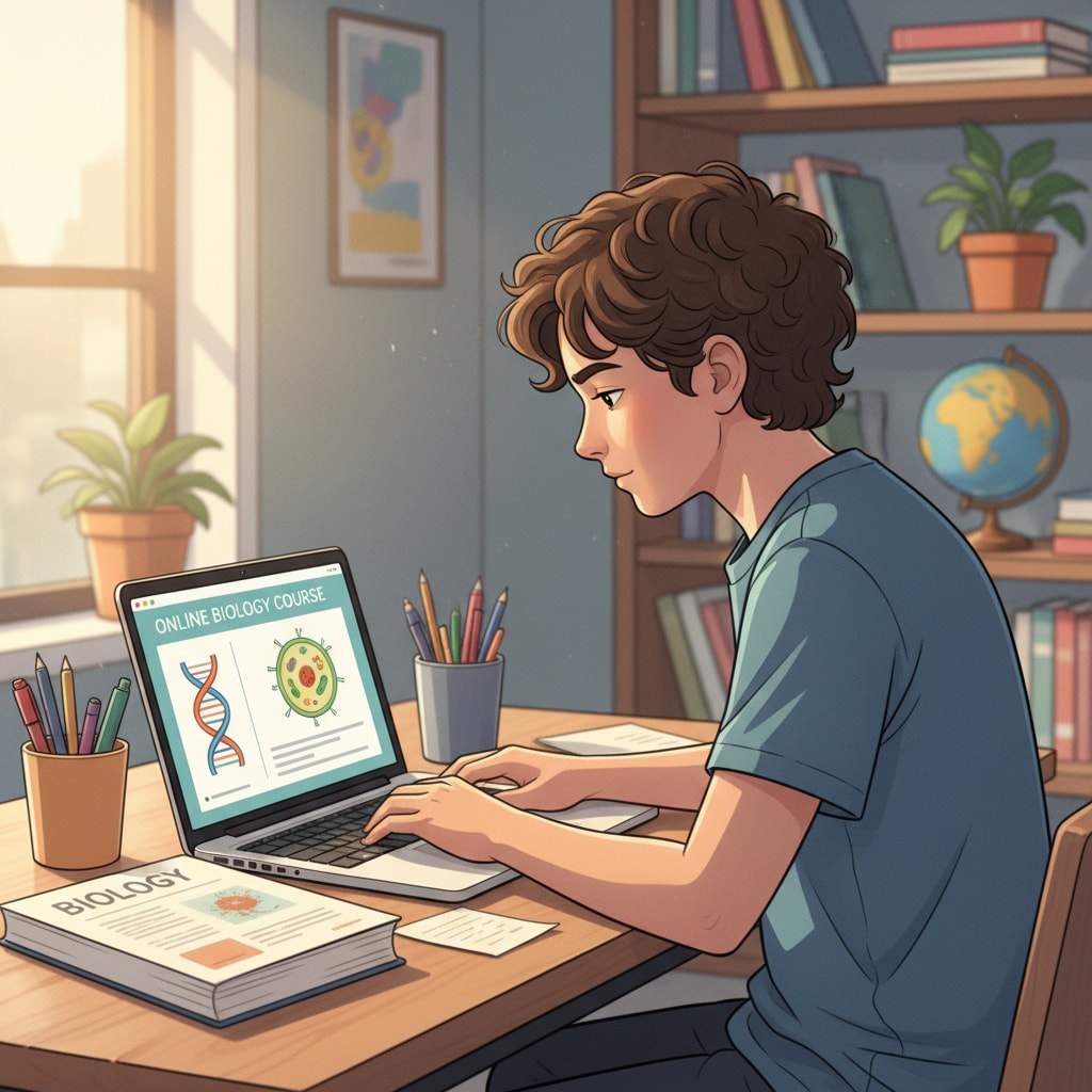 A student sitting at a desk, focused on their laptop while studying for an online high school course. An online high school student working on laptop for credit - based courses towards high school diploma