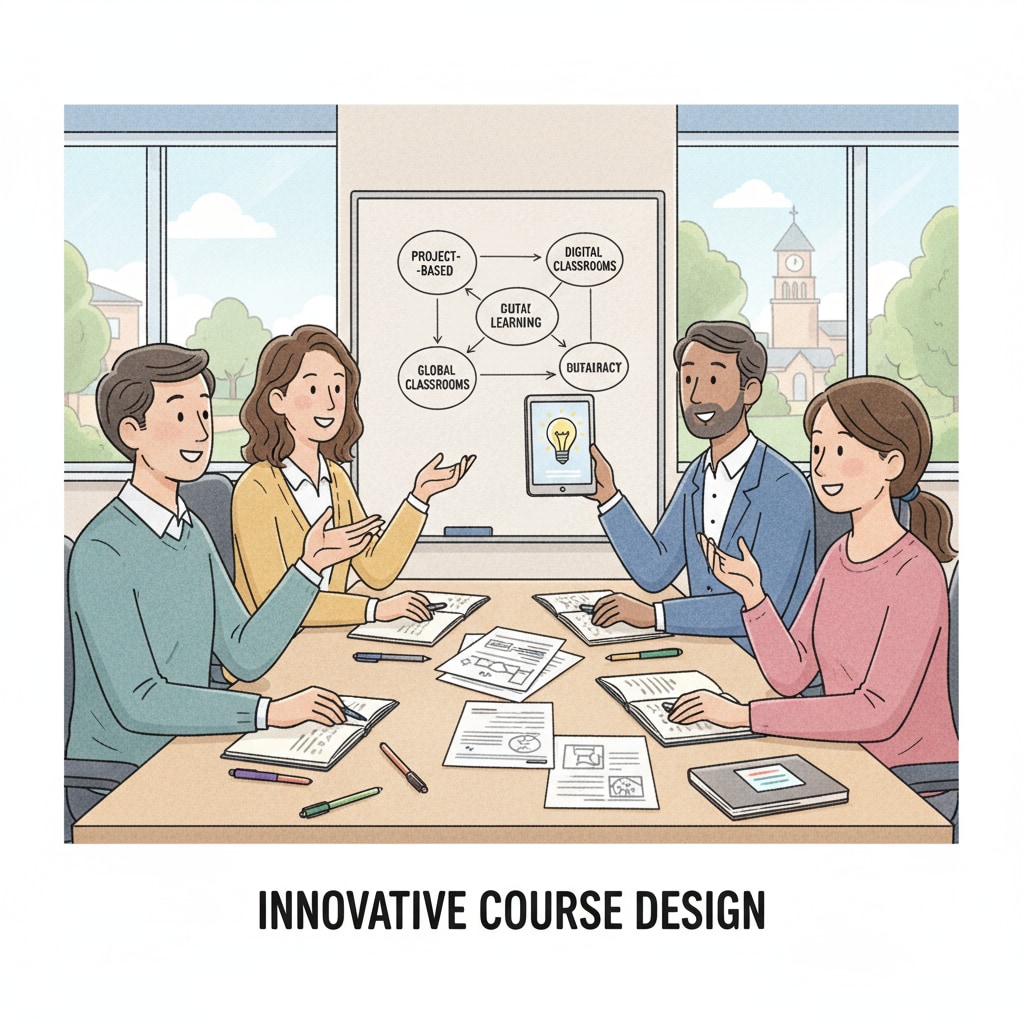 A group of teachers is sitting around a table in a meeting room, discussing and sharing ideas for innovative courses. There are papers and pens on the table, and everyone looks engaged. Teachers discussing innovative course ideas in a meeting for student engagement