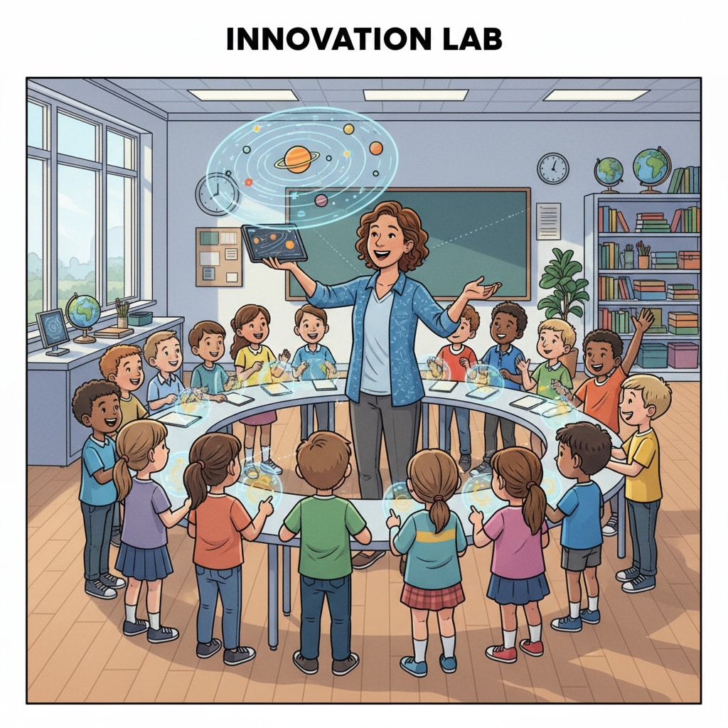 A teacher is in the middle of a classroom, surrounded by students. The teacher is smiling and interacting with the students during an innovative class activity. The students look excited and actively involved. A teacher interacting with students during an innovative class activity to boost engagement