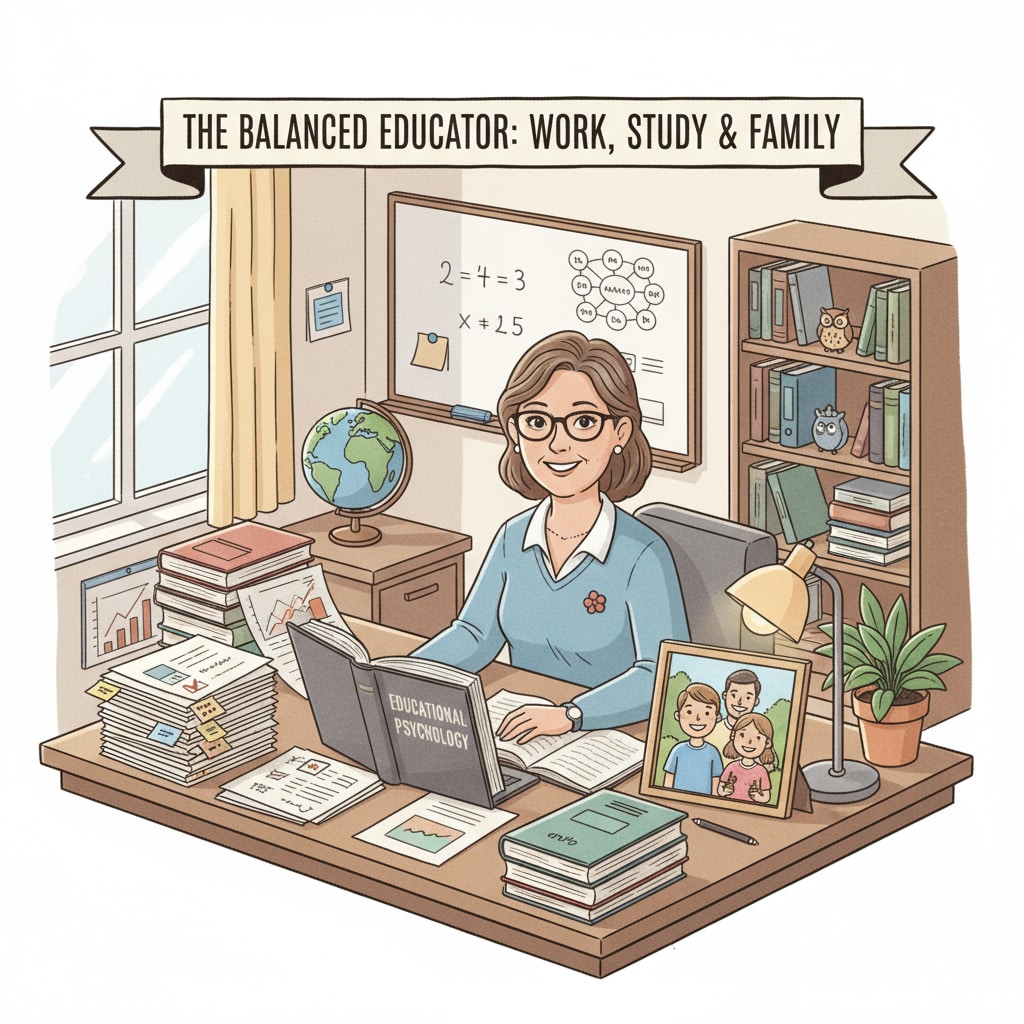A teacher is sitting at a desk, surrounded by books and educational materials. There is a family photo placed nearby, showing the teacher's spouse and children. This represents the teacher's world of work, study, and family all in one scene. A teacher's workspace with elements of work, study, and family on display
