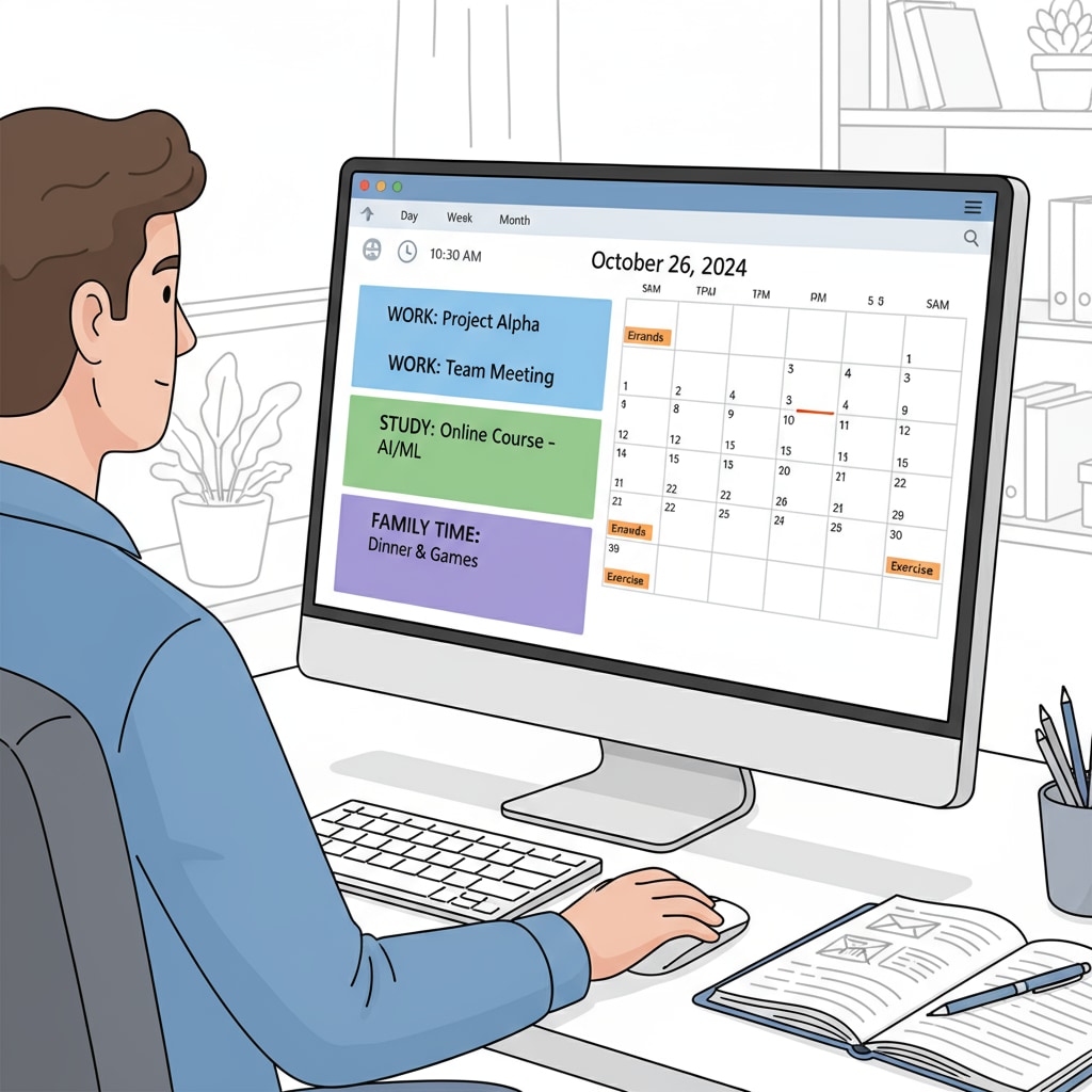 A person is looking at a digital calendar on their computer screen. The calendar has various tasks and time slots marked for different activities such as work, study, and family time. A person using a calendar to plan their work, study, and family time