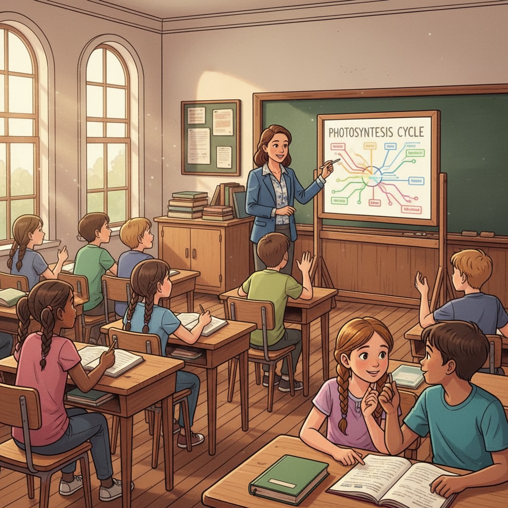 A classroom scene where a teacher is writing on a whiteboard while students are sitting at their desks, engaged in the lesson and having discussions. This represents a blend of traditional and modern teaching elements as the whiteboard can be considered a modern teaching aid in a traditional classroom setup. A classroom scene demonstrating the combination of traditional and modern teaching methods with technology and teacher-student interaction