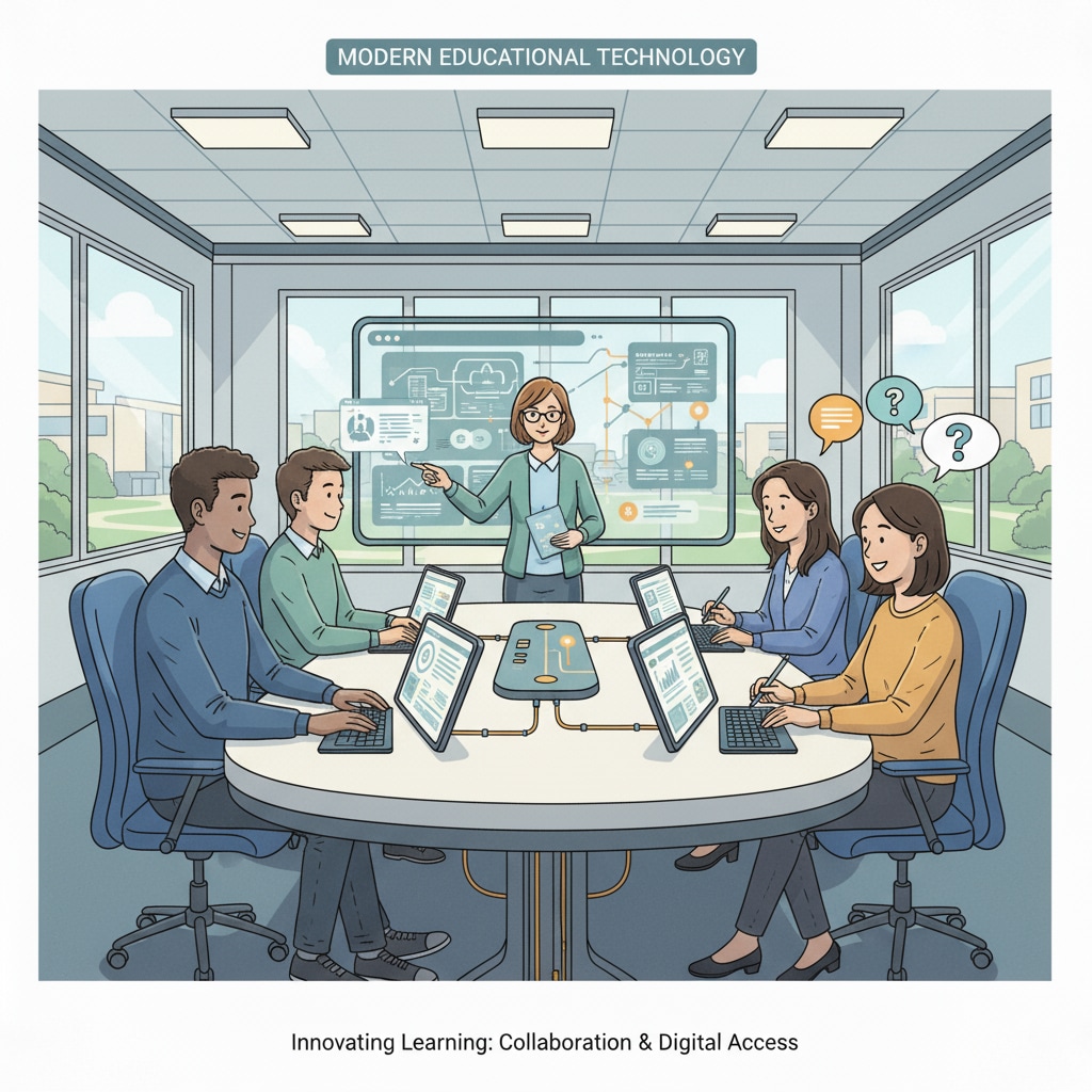 A group of students sitting around a table, each using a tablet to access learning materials, collaborate, and engage in educational activities. This showcases the use of modern technology in a learning environment. Students using tablets as part of modern teaching methods in an educational setting