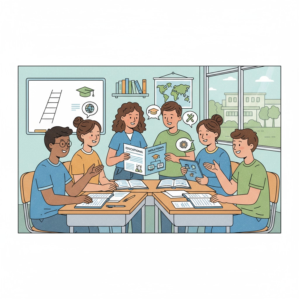 A group of teenagers are having a discussion about different educational options inside a classroom, with books and papers on the desks. Teenagers discussing educational choices related to dropouts, GED, and educational paths.